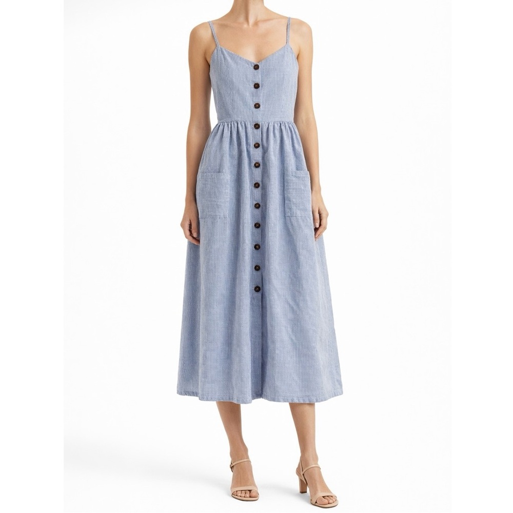 Spaghetti-Strap Light Blue Stripe Midi Dress with Front Buttons and Pockets